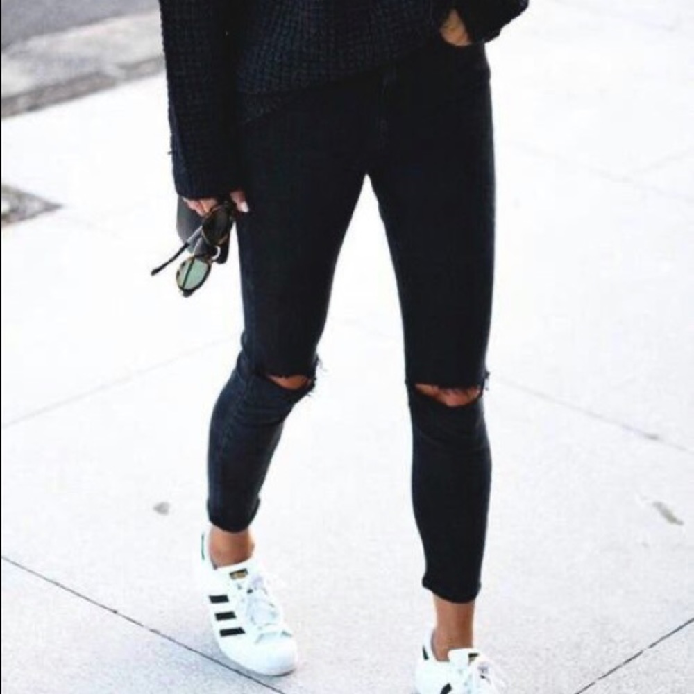 black distressed skinny jeans knee slit ripped - Picture 1 of 4